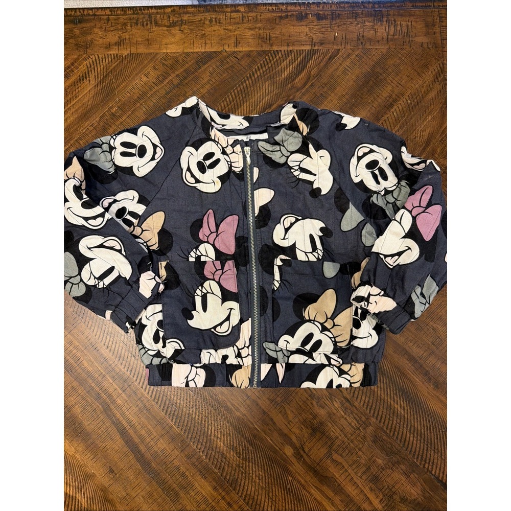 H&M Disney Minnie Mouse Quilted Jacket Kids Size 5T Black Zip Coat Charcoal Gray